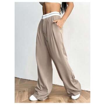 RoseSeek Women's Wide Leg Pants High Waist Business Trousers Loose Casual Straight Office Suit Pants with Pockets Khaki X-Small