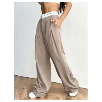 RoseSeek Women's Wide Leg Pants High Waist Business Trousers Loose Casual Straight Office Suit Pants with Pockets Khaki X-Small