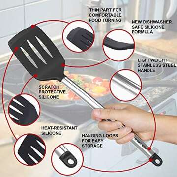 Cooking Silicone Utensils Set 10 — Best Nonstick Kitchen Cookware Utensil Sets — Large Hanging Spoons Spatula Set – Non Toxic Cook Gadget Kit Black
