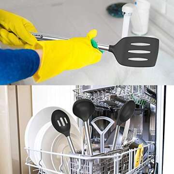 Cooking Silicone Utensils Set 10 — Best Nonstick Kitchen Cookware Utensil Sets — Large Hanging Spoons Spatula Set – Non Toxic Cook Gadget Kit Black