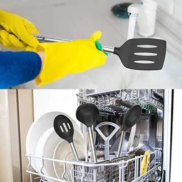 Cooking Silicone Utensils Set 10 — Best Nonstick Kitchen Cookware Utensil Sets — Large Hanging Spoons Spatula Set – Non Toxic Cook Gadget Kit Black