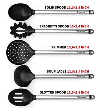 Cooking Silicone Utensils Set 10 — Best Nonstick Kitchen Cookware Utensil Sets — Large Hanging Spoons Spatula Set – Non Toxic Cook Gadget Kit Black