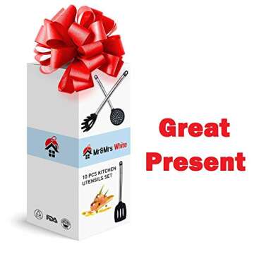 Cooking Silicone Utensils Set 10 — Best Nonstick Kitchen Cookware Utensil Sets — Large Hanging Spoons Spatula Set – Non Toxic Cook Gadget Kit Black