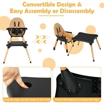 BABY JOY 5 in 1 High Chair, Convertible High Chairs for Babies and Toddlers/Booster Seat/Table and Chair Set, Infant Wooden Highchair w/ 5-Point Harness, 4-Position Removable Tray & PU Cushion, Coffee