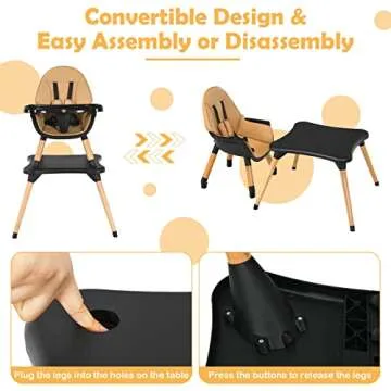 BABY JOY 5 in 1 High Chair, Convertible High Chairs for Babies and Toddlers/Booster Seat/Table and Chair Set, Infant Wooden Highchair w/ 5-Point Harness, 4-Position Removable Tray & PU Cushion, Coffee