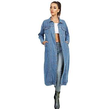 Jofemuho Womens Classic Jean Jacket Plus Size Loose Long Sleeve Button Down Denim Trench Coat Light Blue1 XL