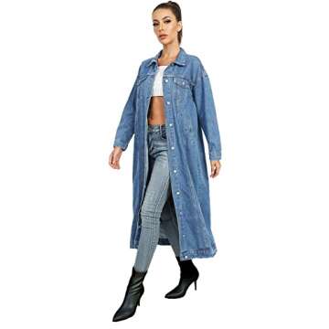 Jofemuho Womens Classic Jean Jacket Plus Size Loose Long Sleeve Button Down Denim Trench Coat Light Blue1 XL