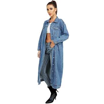 Jofemuho Womens Classic Jean Jacket Plus Size Loose Long Sleeve Button Down Denim Trench Coat Light Blue1 XL