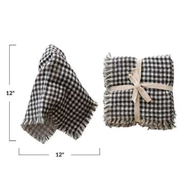 Creative Co-Op Black and White Square Cotton Fringe Trim Napkin, Black & White Gingham