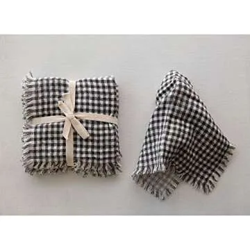 Creative Co-Op Black and White Square Cotton Fringe Trim Napkin, Black & White Gingham