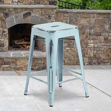 Flash Furniture Commercial Grade 24" High Backless Distressed Green-Blue Metal Indoor-Outdoor Counter Height Stool