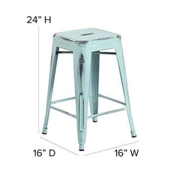 Flash Furniture Commercial Grade 24" High Backless Distressed Green-Blue Metal Indoor-Outdoor Counter Height Stool