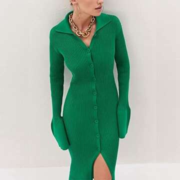 Women's Open Front Sweater Dress Long Sleeve Cardigan Outwear Green Dress for Women Button Down Fall...