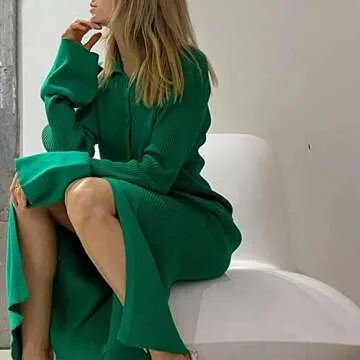 Women's Open Front Sweater Dress Long Sleeve Cardigan Outwear Green Dress for Women Button Down Fall Dress Sexy Bodycon Knit Sweater Dress Date Night Formal Jumpsuits midi Dress Loose S 210005-green
