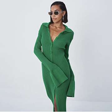 Women's Open Front Sweater Dress Long Sleeve Cardigan Outwear Green Dress for Women Button Down Fall Dress Sexy Bodycon Knit Sweater Dress Date Night Formal Jumpsuits midi Dress Loose S 210005-green