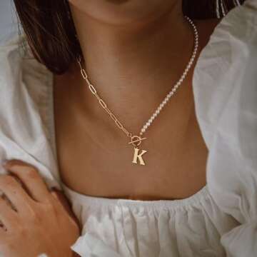 Dainty Pearl Choker Necklaces for Women, 14K Gold Plated Paperclip Link Chain Necklace Toggle Clasp Necklace Initial Necklaces Gold Jewelry for Women Letter K