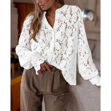 PRETTYGARDEN Women's Dressy Casual Lace Blouse - White