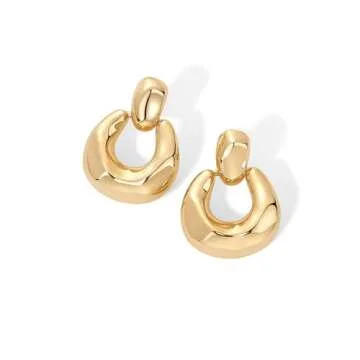 PAVOI 14K Yellow Gold Plated Chunky Textured Dangle Door Knocker Earrings for Women | Gold Statement Earring Pair