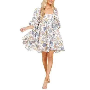 Womens Puff Sleeve Floral Print Dress Babydoll Square Neck A Line High Waist Ruched Summer Mini Dresses