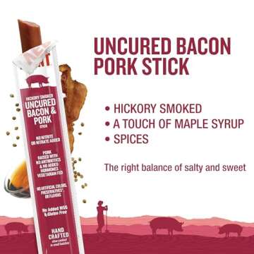 Vermont Smoke & Cure Meat Sticks - Uncured Pork Bacon Sticks Protein Snacks, No Antibiotics or Added Hormones, Hiking Snacks - 1 oz, 24 ct carton
