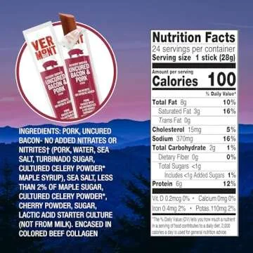 Vermont Smoke & Cure Meat Sticks - Uncured Pork Bacon Sticks Protein Snacks, No Antibiotics or Added Hormones, Hiking Snacks - 1 oz, 24 ct carton