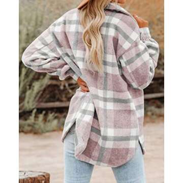 BTFBM Women's Long Sleeve Button Down Jackets Plaid Flannel Shirts Tops Casual Lapel V Neck Oversized Shackets Blouses Top (X-Large, Plaid Pink)