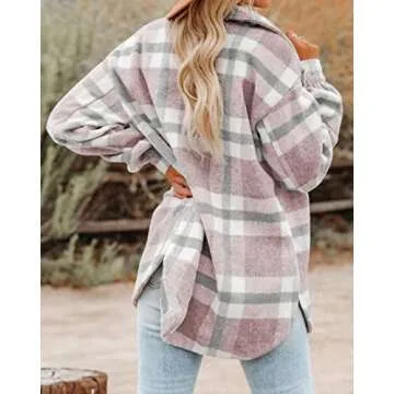 BTFBM Women's Long Sleeve Button Down Jackets Plaid Flannel Shirts Tops Casual Lapel V Neck Oversized Shackets Blouses Top (X-Large, Plaid Pink)