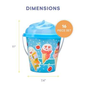 Top Race Kids Beach Toys Set with Bucket Pail and Spade Scoop - 16pcs Ice Cream Blue Sand Playset for Kids & Toddlers Ages 1.5,2,3,4,5,6,7,8,9