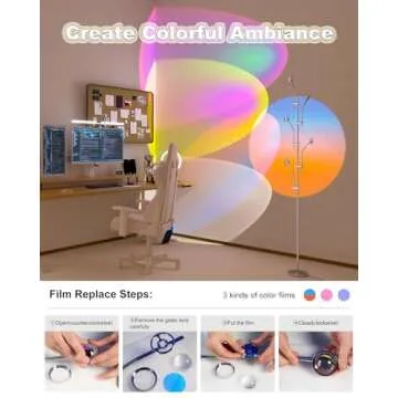 TACAHE RGBW Halo Projector Floor Lamp - 4000K LED with Replaceable Color Filters - Light and Shadow Mood Light - Multi-Head Ambient Decor Lighting for Bedroom, Living Room - 73" - 12W - Chrome