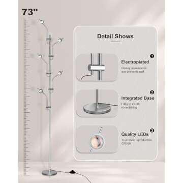 TACAHE RGBW Halo Projector Floor Lamp - 4000K LED with Replaceable Color Filters - Light and Shadow Mood Light - Multi-Head Ambient Decor Lighting for Bedroom, Living Room - 73" - 12W - Chrome