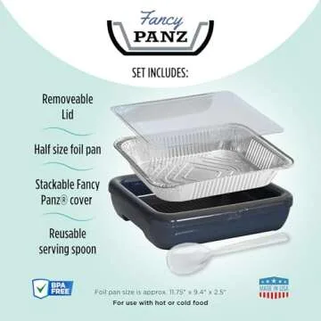 Fancy Panz Classic, Serving Tray for Food, Made in the USA Foil Pan Carrier, Stackable Aluminum Pan Holders with Clear Lid, Travel Casserole Carrier With 1 Disposable Foil Pan & Serving Spoon, Red