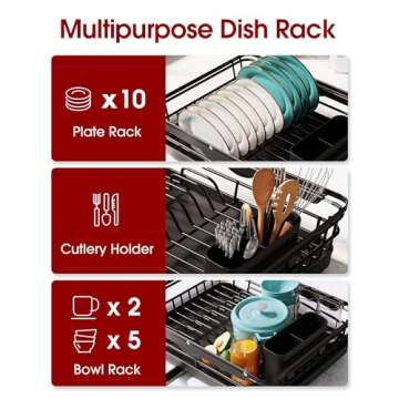 Sakugi Dish Drying Rack - Stainless Steel Dish Rack with Drainboard for Kitchen Counter and Sink, X-Large, Black