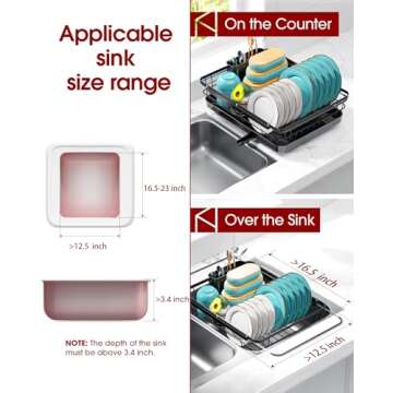 Sakugi Dish Drying Rack - Stainless Steel Dish Rack with Drainboard for Kitchen Counter and Sink, X-Large, Black