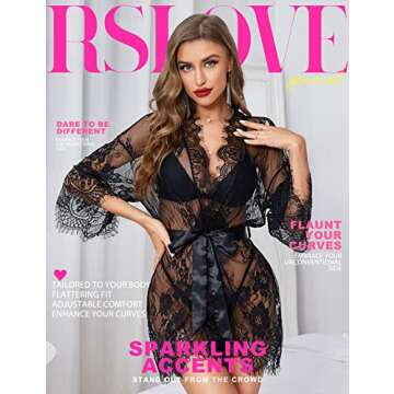 RSLOVE Women's Lace Kimono Robe Babydoll Lingerie Mesh Nightgown Black L