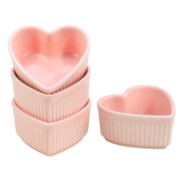 Sizikato Heart-Shaped Porcelain Souffle Dishes, Ramekins - 3.5 Inches for Souffle, Creme Brulee and Dipping Sauces - Set of 4