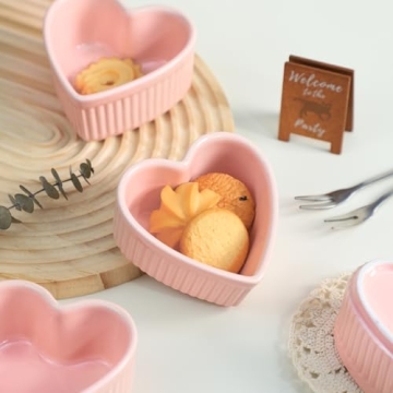 Sizikato Heart-Shaped Porcelain Souffle Dishes, Ramekins - 3.5 Inches for Souffle, Creme Brulee and Dipping Sauces - Set of 4