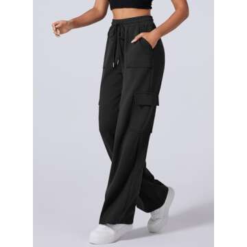 Aleumdr Wide Leg Sweatpants for Women High Waisted Cargo Pants with Pockets Athletic Casual Baggy Sweat Pants 2025 Fall Fashion Black Medium