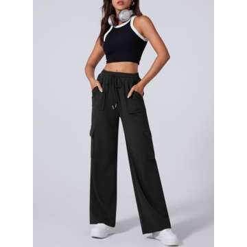 Aleumdr Wide Leg Sweatpants for Women High Waisted Cargo Pants with Pockets Athletic Casual Baggy Sweat Pants 2025 Fall Fashion Black Medium