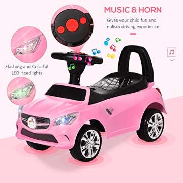 Aosom Kids Ride On Push Car, Foot-to-Floor Walking Sliding Toy Car for Toddler with Working Horn, Music, Headlights and Storage, Pink