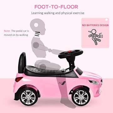 Aosom Kids Ride On Push Car, Foot-to-Floor Walking Sliding Toy Car for Toddler with Working Horn, Music, Headlights and Storage, Pink
