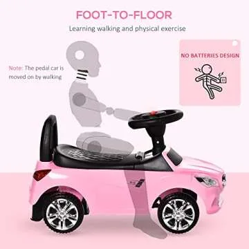 Aosom Kids Ride On Push Car, Foot-to-Floor Walking Sliding Toy Car for Toddler with Working Horn, Music, Headlights and Storage, Pink