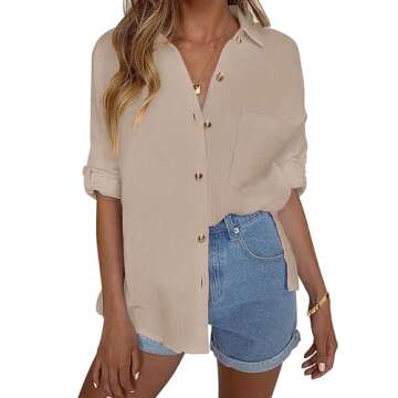 HOTOUCH Button Up Shirt Women Casual Cotton Linen Shirts Plus Size Pocket Button Down Blouse Khaki X...