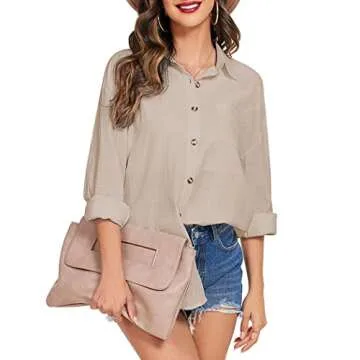 HOTOUCH Button Up Shirt Women Casual Cotton Linen Shirts Plus Size Pocket Button Down Blouse Khaki XL