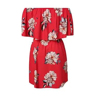 Yobecho Women Summer Off Shoulder Strapless Floral Print Pleated Dresses