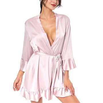 TOIKEEOI Women's Silk Robe Short Satin Kimono Robe Ruffle Hem Pure Short Sexy V Neck Sleepwear