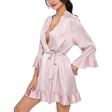 TOIKEEOI Women's Silk Robe Short Satin Kimono Robe Ruffle Hem Pure Short Sexy V Neck Sleepwear
