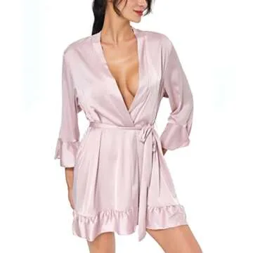TOIKEEOI Women's Silk Robe Short Satin Kimono Robe Ruffle Hem Pure Short Sexy V Neck Sleepwear