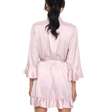 TOIKEEOI Women's Silk Robe Short Satin Kimono Robe Ruffle Hem Pure Short Sexy V Neck Sleepwear