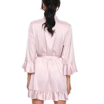 TOIKEEOI Women's Silk Robe Short Satin Kimono Robe Ruffle Hem Pure Short Sexy V Neck Sleepwear