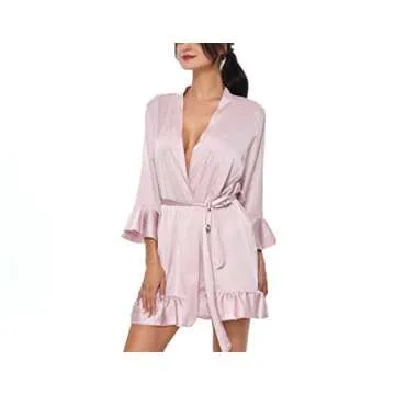 TOIKEEOI Women's Silk Robe Short Satin Kimono Robe Ruffle Hem Pure Short Sexy V Neck Sleepwear